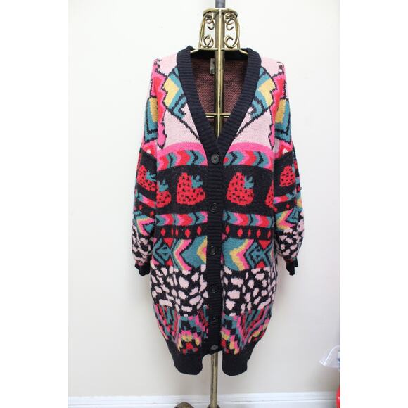Farm Rio Crazy Mix Strawberry Colorful Fuzzy Long Cardigan Sweater Size XS - Picture 3 of 7